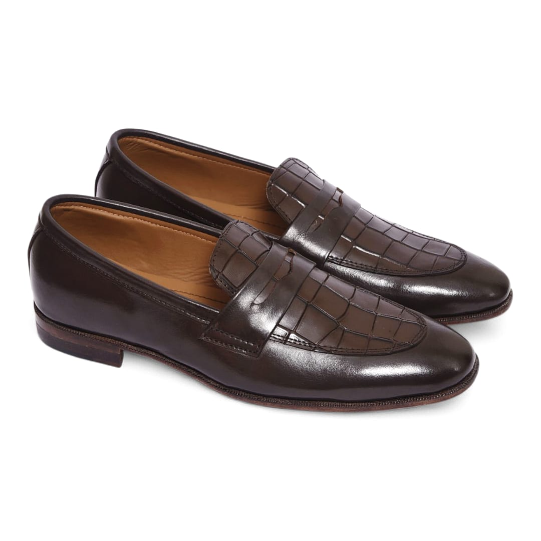 Men’s Brown Leather Penny Loafers with Leather Sole - 092158