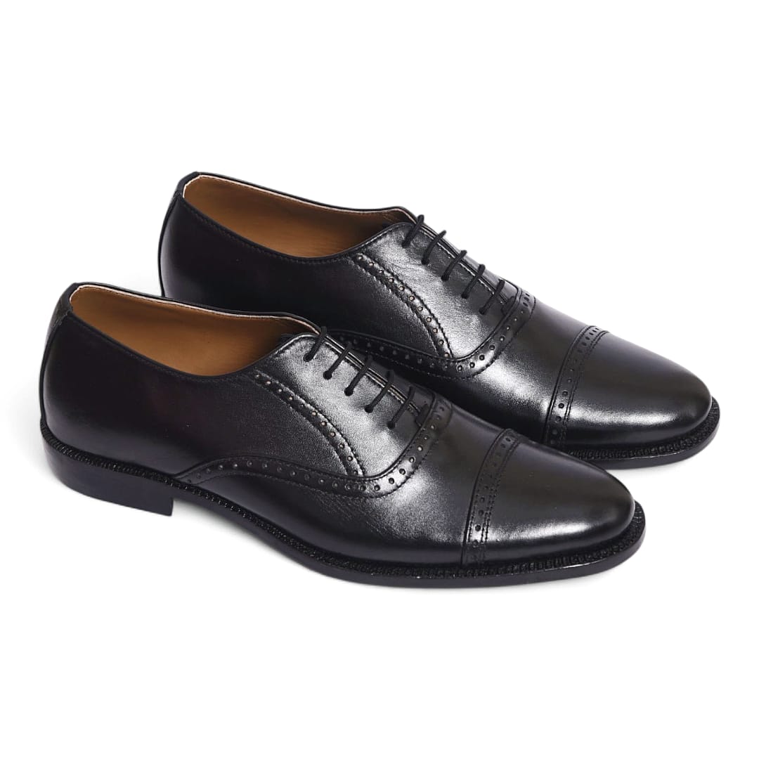 Black Cow Leather Brogue Oxford Shoes with Leather Sole - 092154