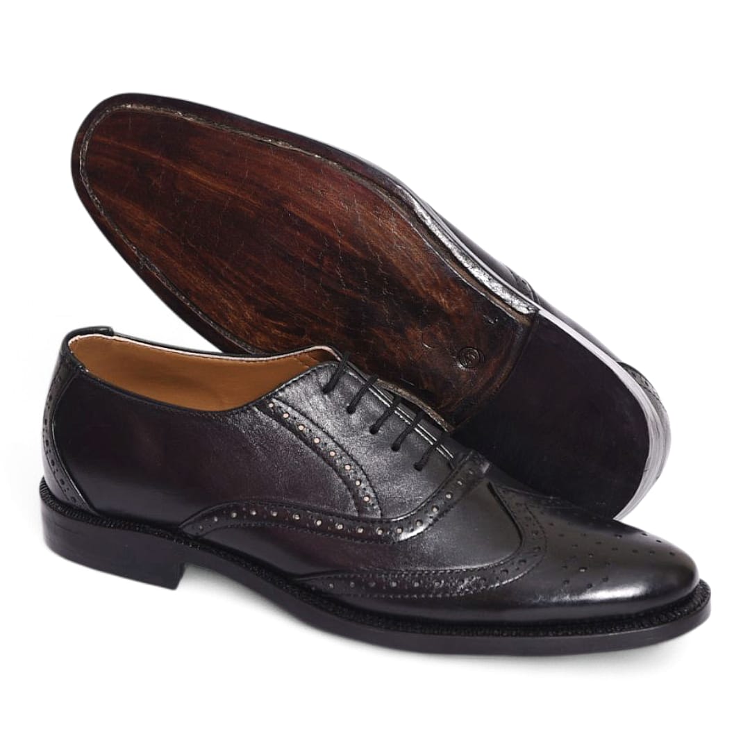 Hand-Crafted Black Brogue Oxford Leather Shoes with Leather Sole - 092156