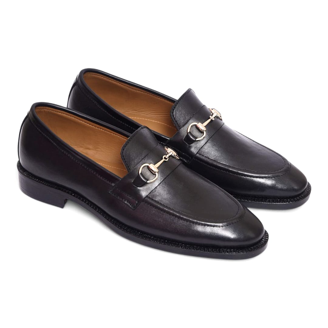 Men’s Black Leather Horsebit Loafers with Leather Sole - 092153