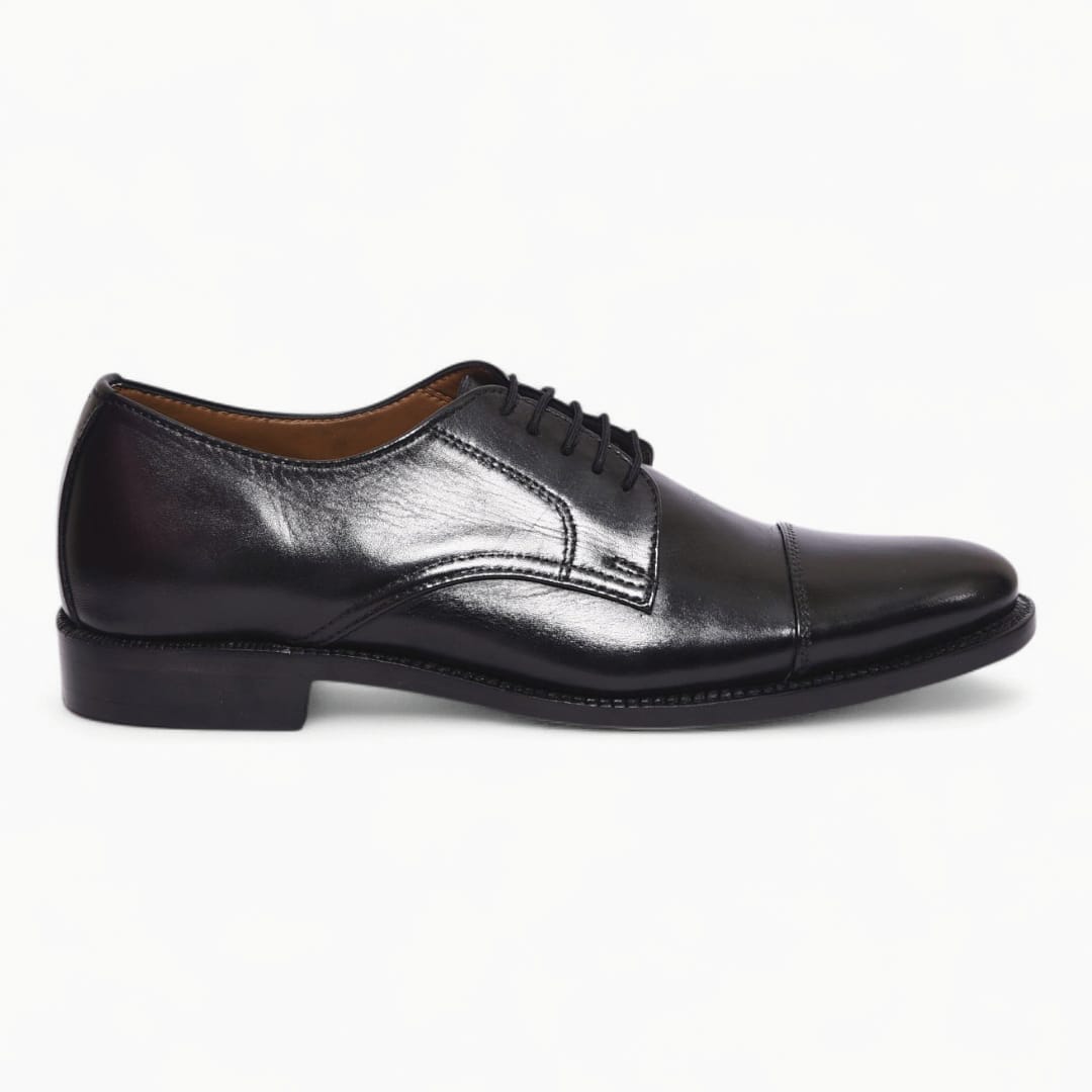 Black Toe Cap Derby Leather Shoes with Leather Sole - 092151