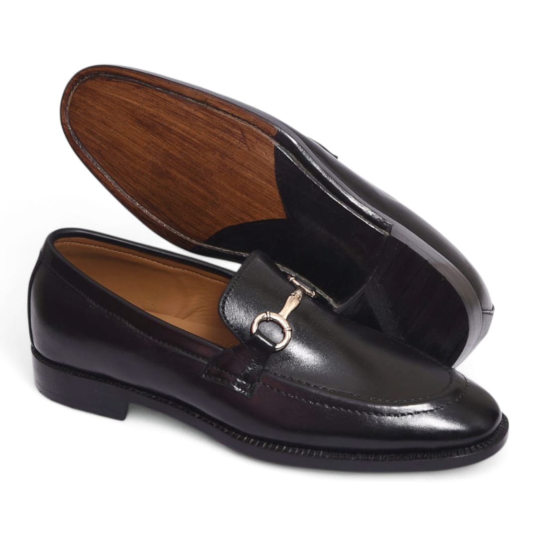 Black Leather Horsebit Loafers with Leather Sole - 092160