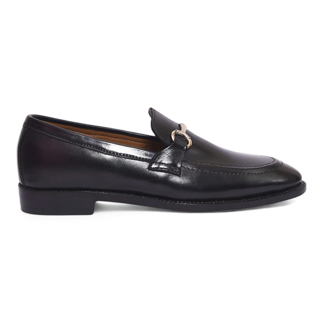 Black Leather Horsebit Loafers with Leather Sole - 092160