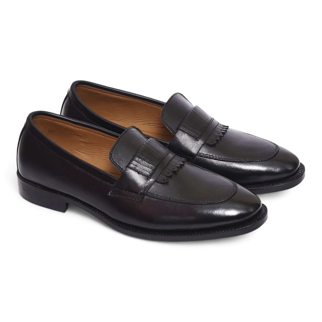 Men’s Black Leather Penny Loafers with Leather Sole - 092157
