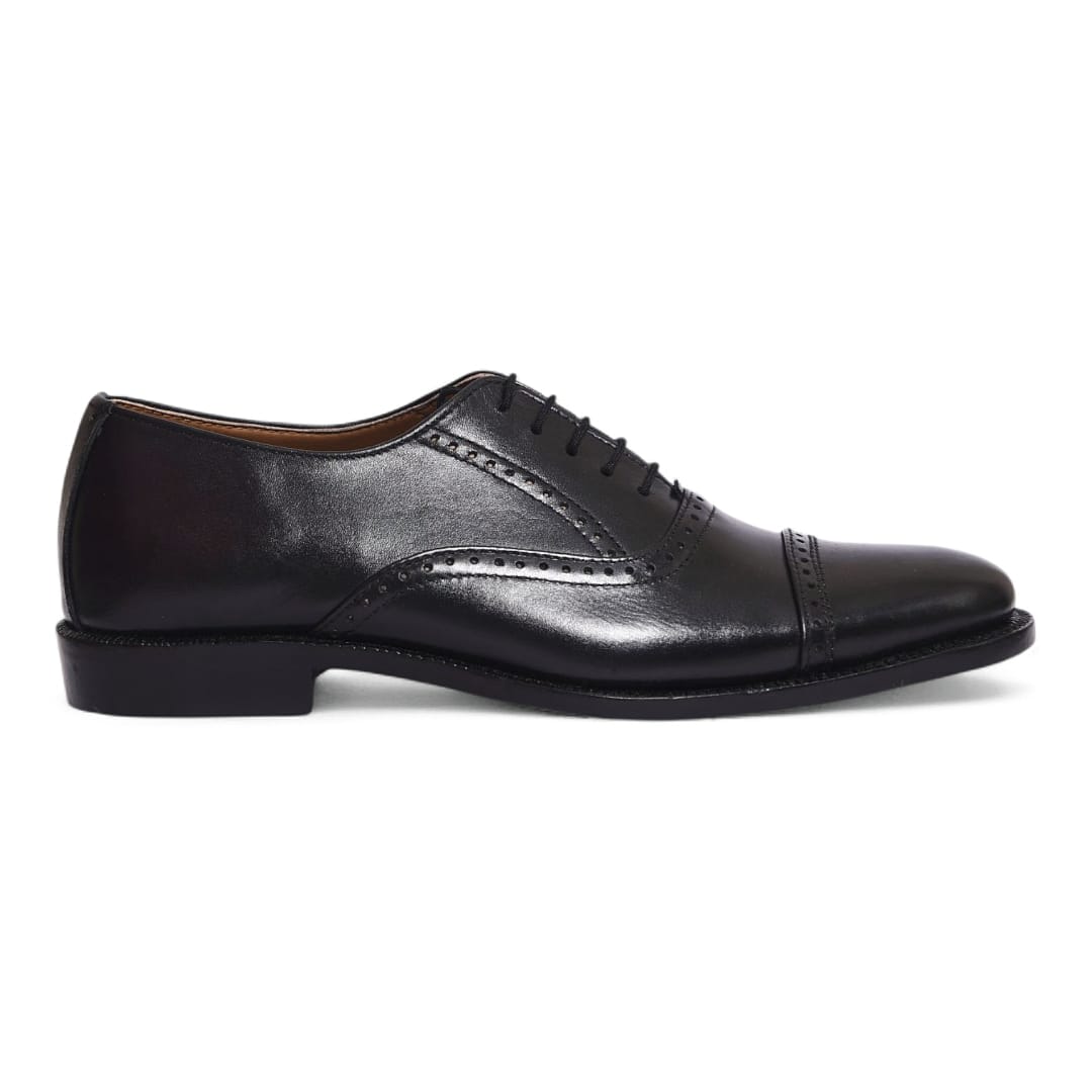 Black Cow Leather Brogue Oxford Shoes with Leather Sole - 092154