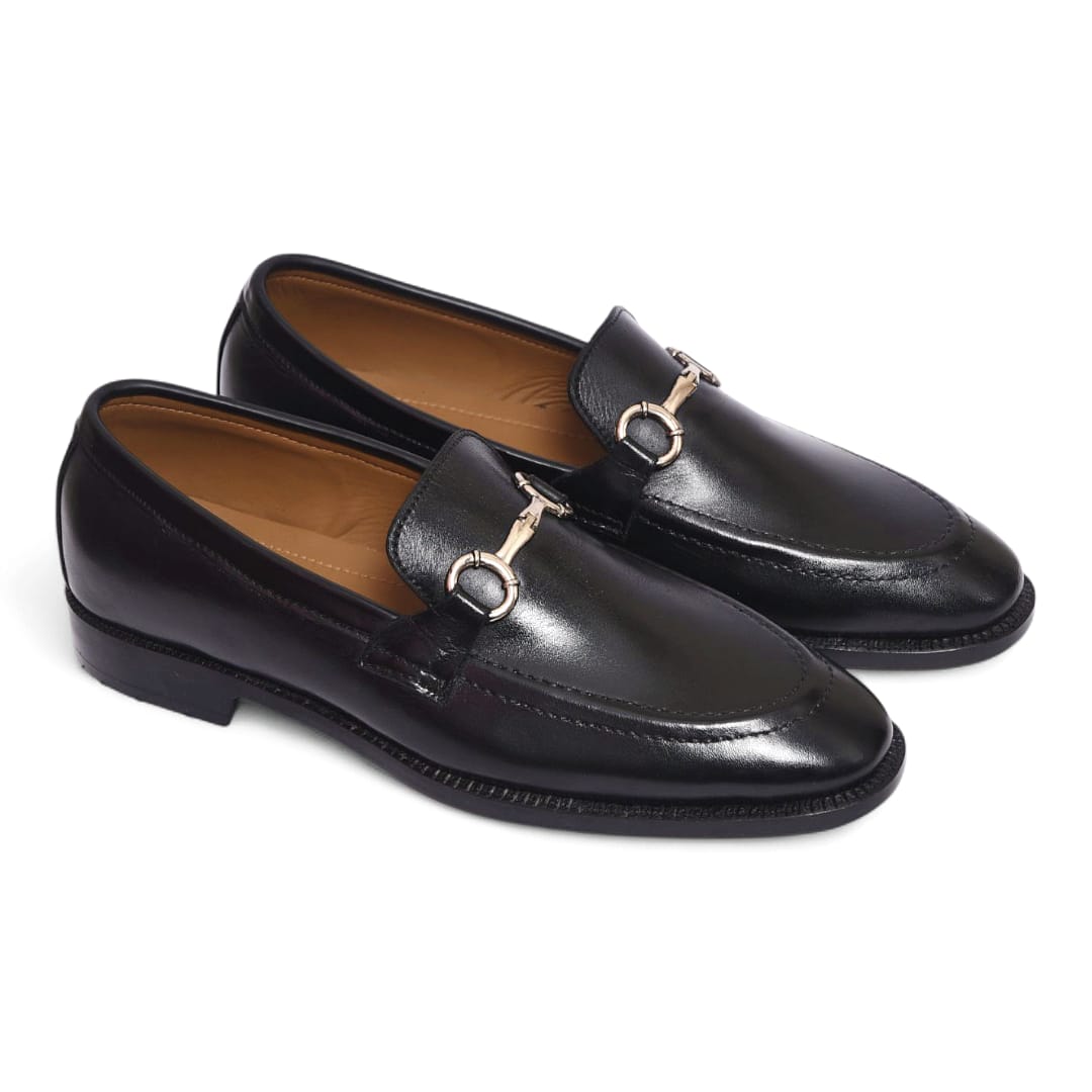 Black Leather Horsebit Loafers with Leather Sole - 092160