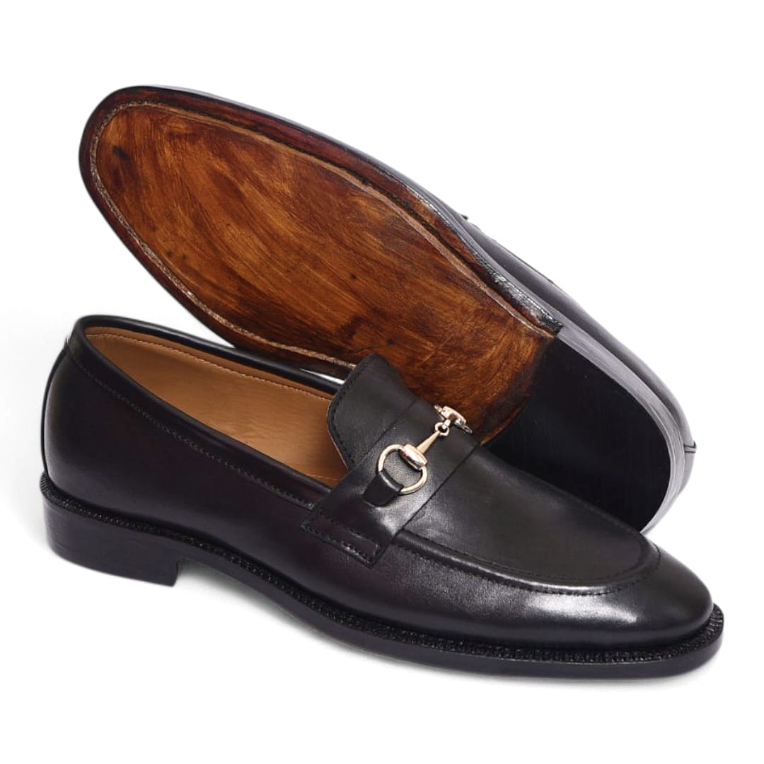 Men’s Black Leather Horsebit Loafers with Leather Sole - 092153