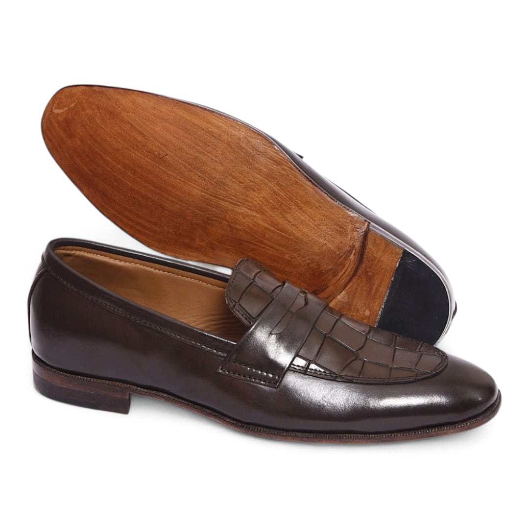 Men’s Brown Leather Penny Loafers with Leather Sole - 092158