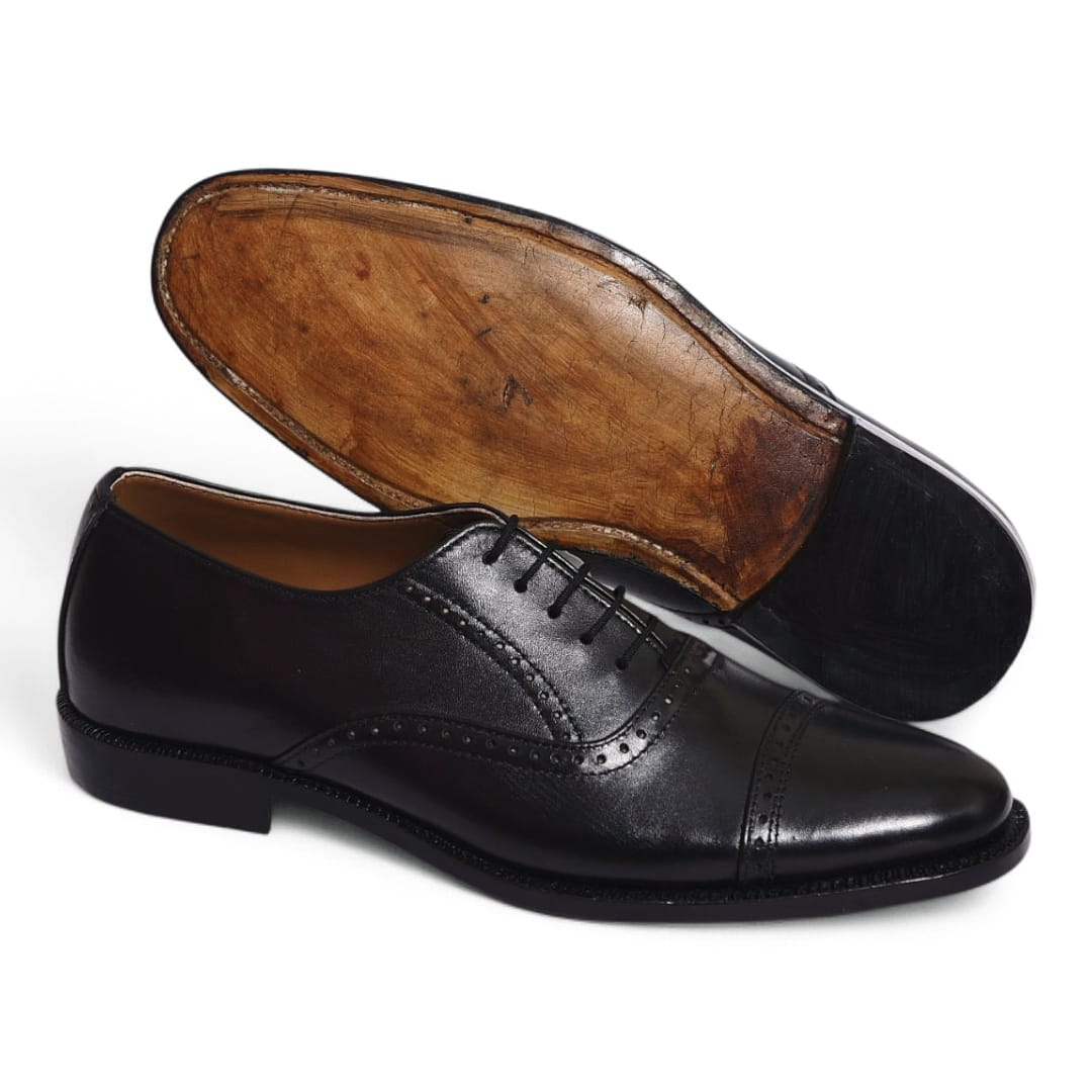 Black Cow Leather Brogue Oxford Shoes with Leather Sole - 092154