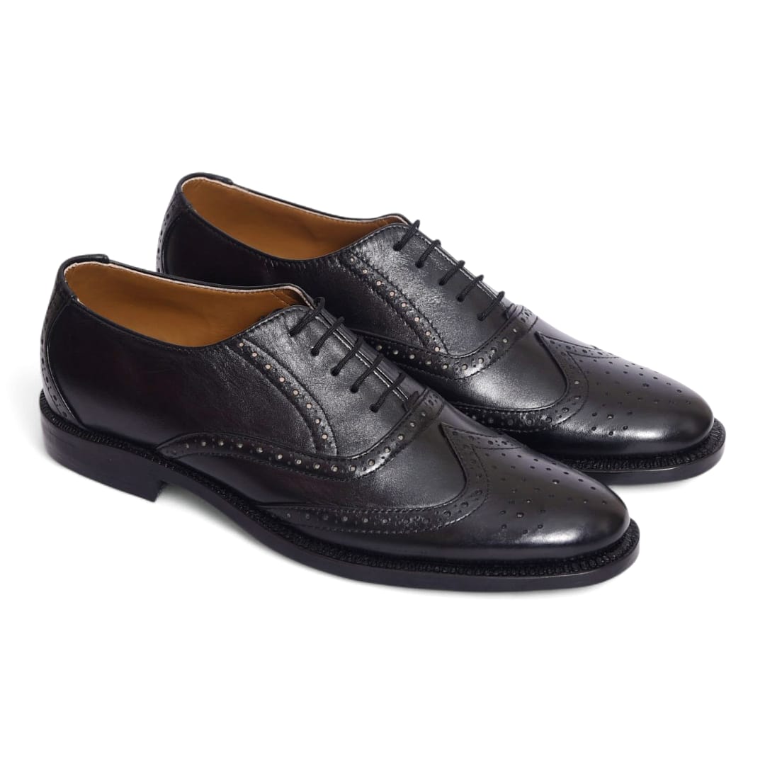 Hand-Crafted Black Brogue Oxford Leather Shoes with Leather Sole - 092156