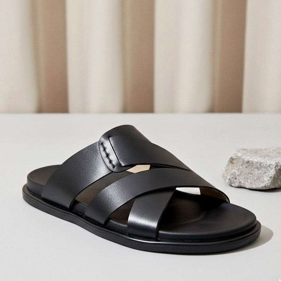 Premium Men’s Black Leather Slippers – All-Day Comfort