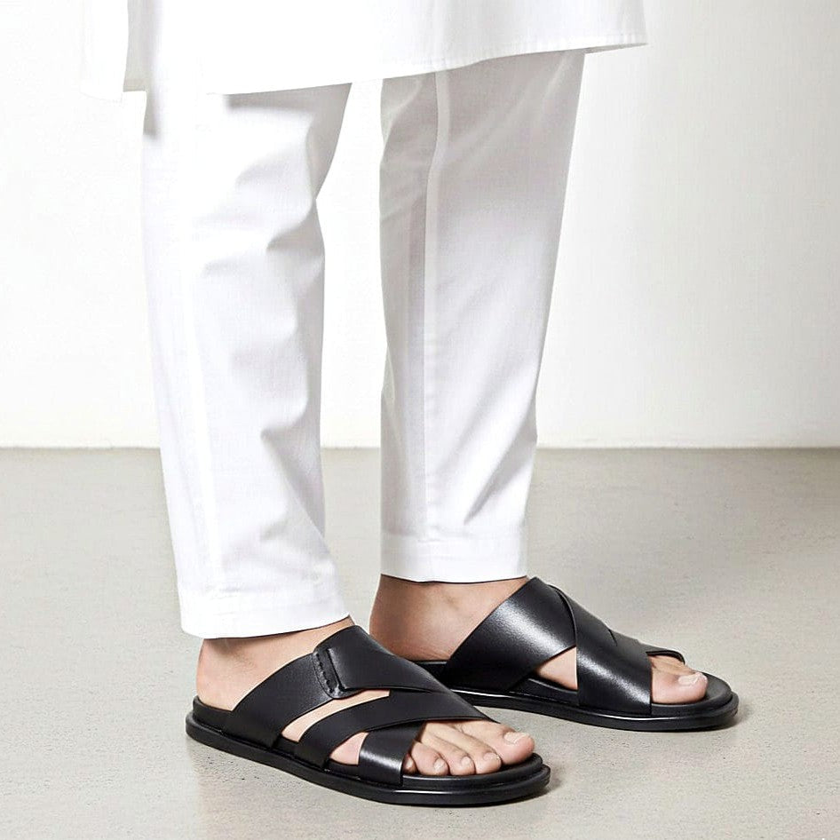 Premium Men’s Black Leather Slippers – All-Day Comfort - 092203