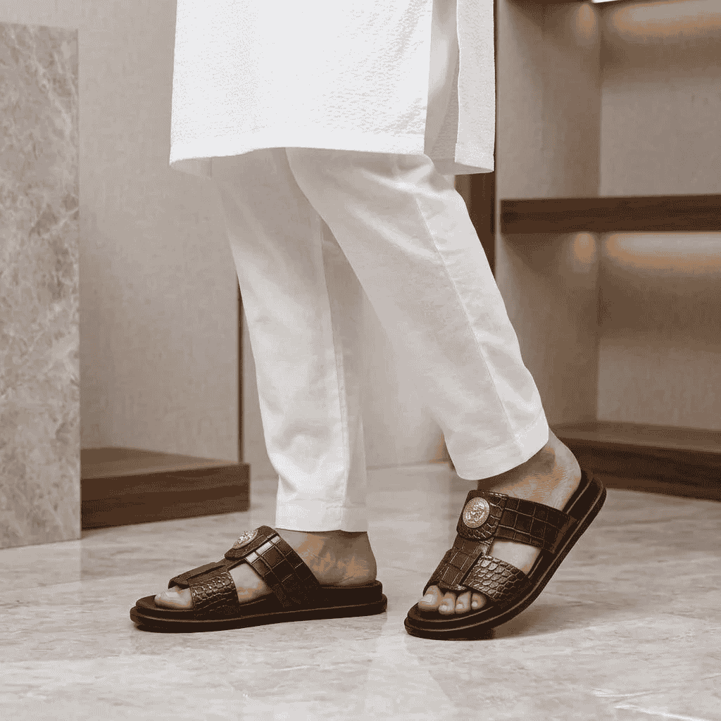 Men’s Mustard Croco-Textured Leather Slippers with Broad Toe Strap - 092212