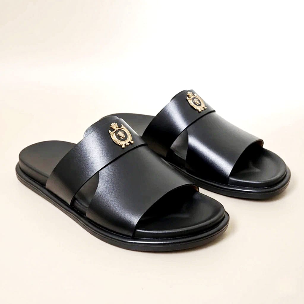 Men’s Black Genuine Leather Single-Strap Slipper with Premium Buckle