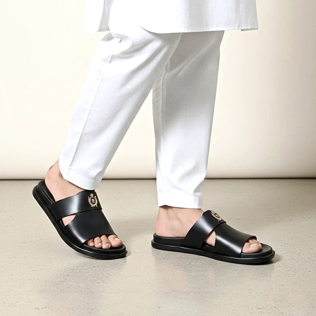 Men’s Black Genuine Leather Single-Strap Slipper with Premium Buckle