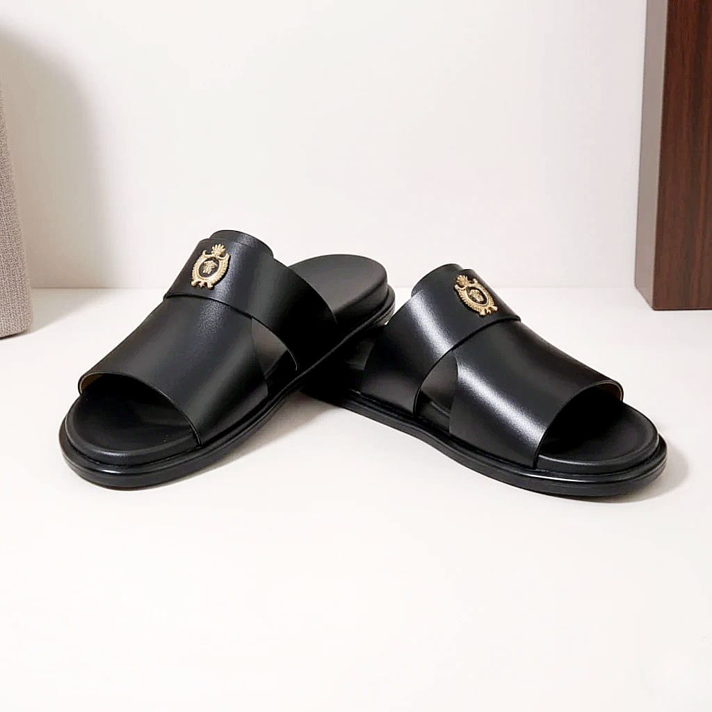 Men’s Black Genuine Leather Single-Strap Slipper with Premium Buckle