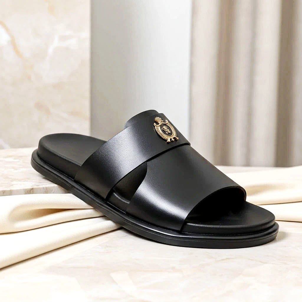 Men’s Black Genuine Leather Single-Strap Slipper with Premium Buckle