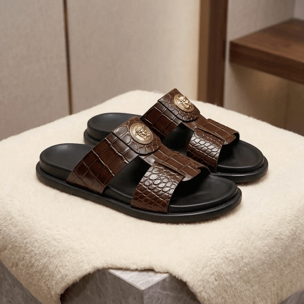 Men’s Mustard Croco-Textured Leather Slippers with Broad Toe Strap - 092212