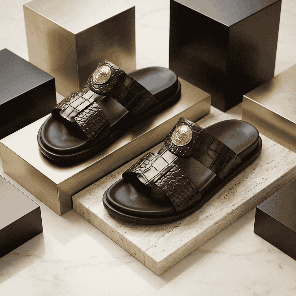Men’s Mustard Croco-Textured Leather Slippers with Broad Toe Strap
