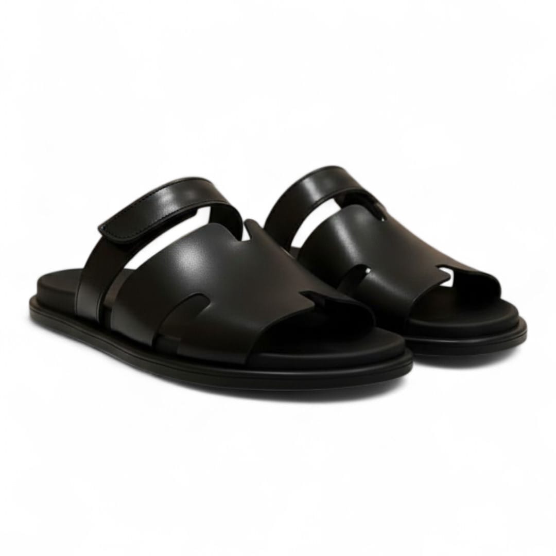 Premium Men’s Black Leather Slippers – All-Day Comfort - 092203