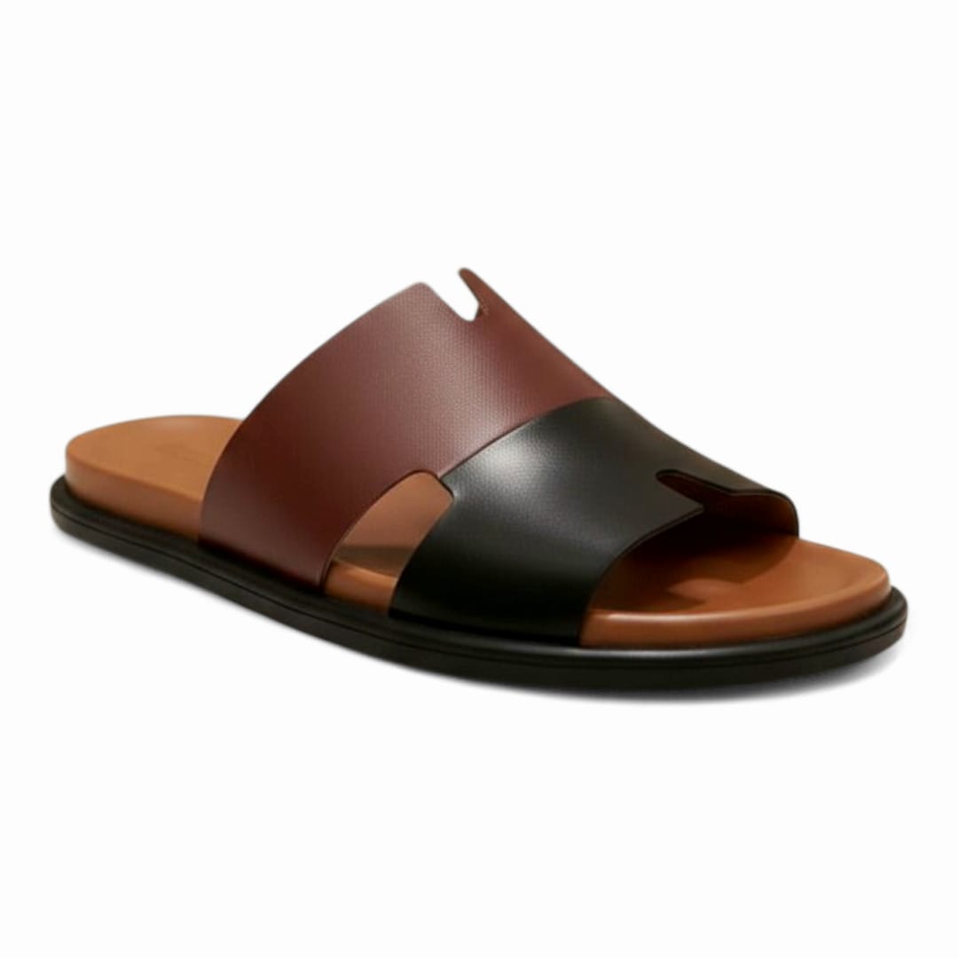 Men’s Black & Mustard Leather Slippers with Soft Padded Insole - 092202