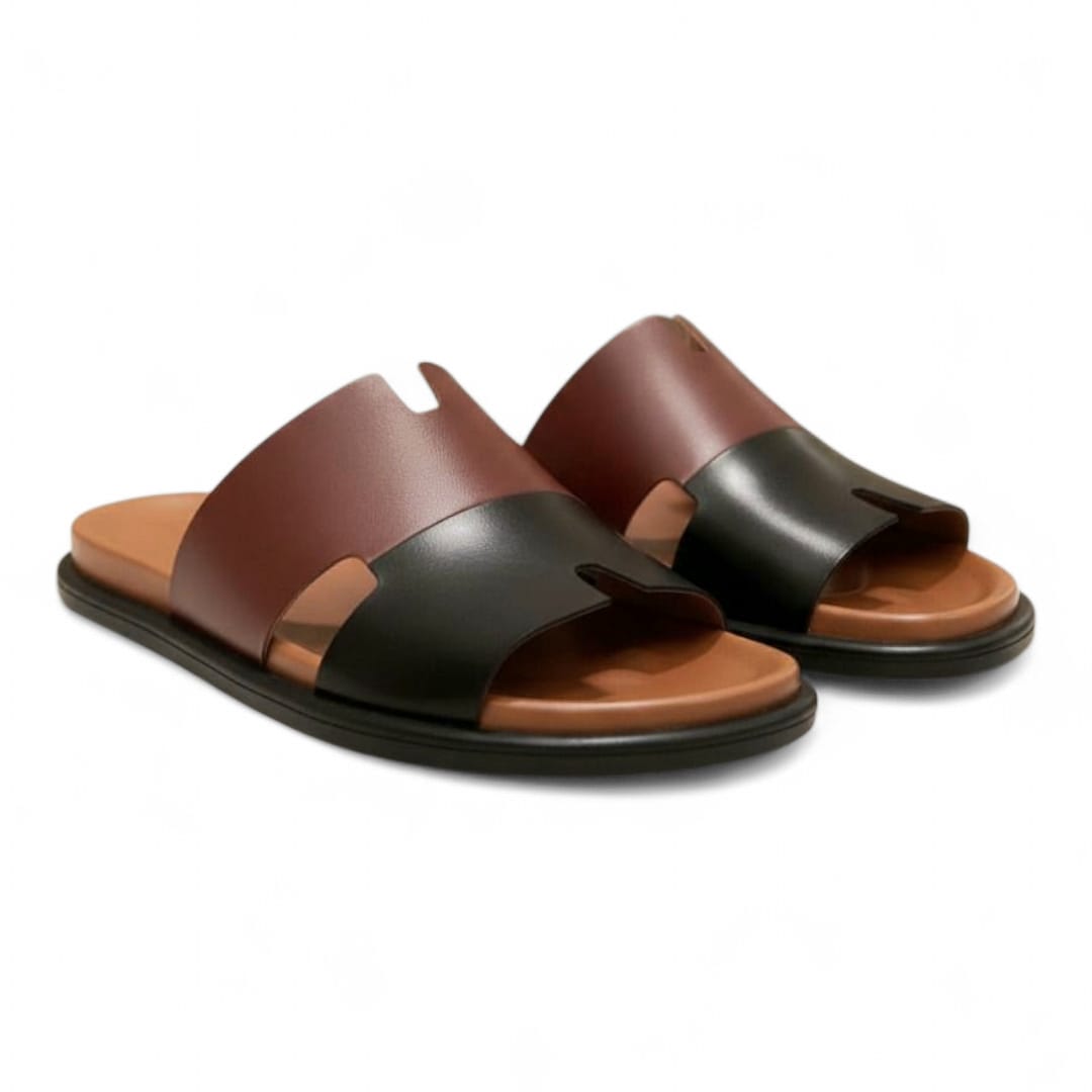 Men’s Black & Mustard Leather Slippers with Soft Padded Insole - 092202