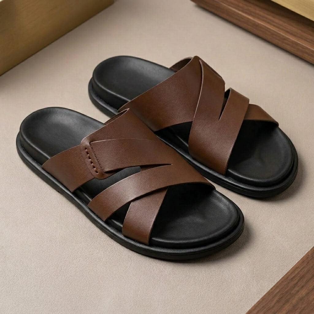 Premium Men’s Mustard Genuine Leather Slippers with Soft Comfort Insole