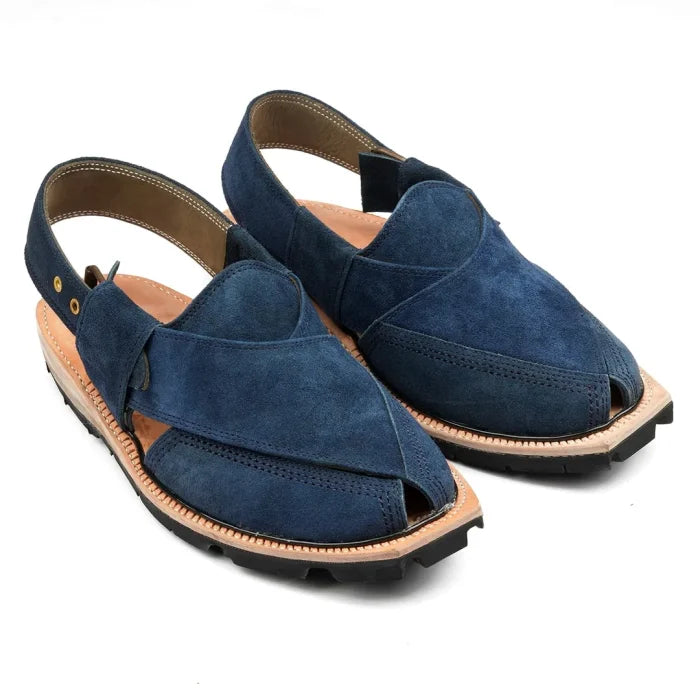 Hand Crafted Blue Suede Quetta Norozi Chappal with Double Sole 