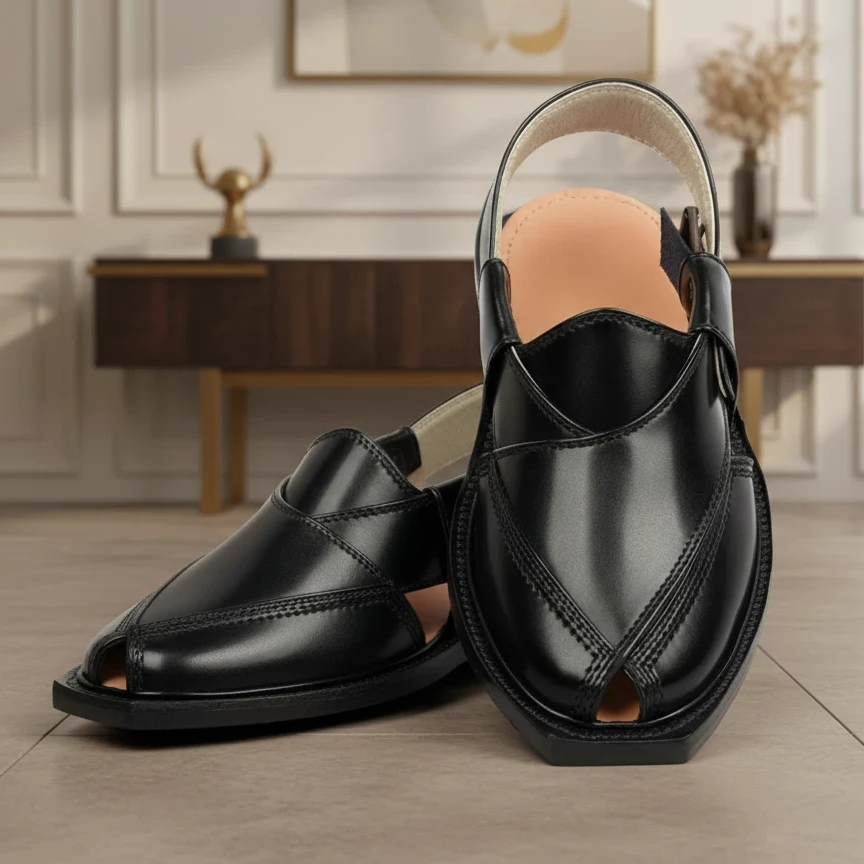 Handmade Black Quetta Norozi Leather Chappal