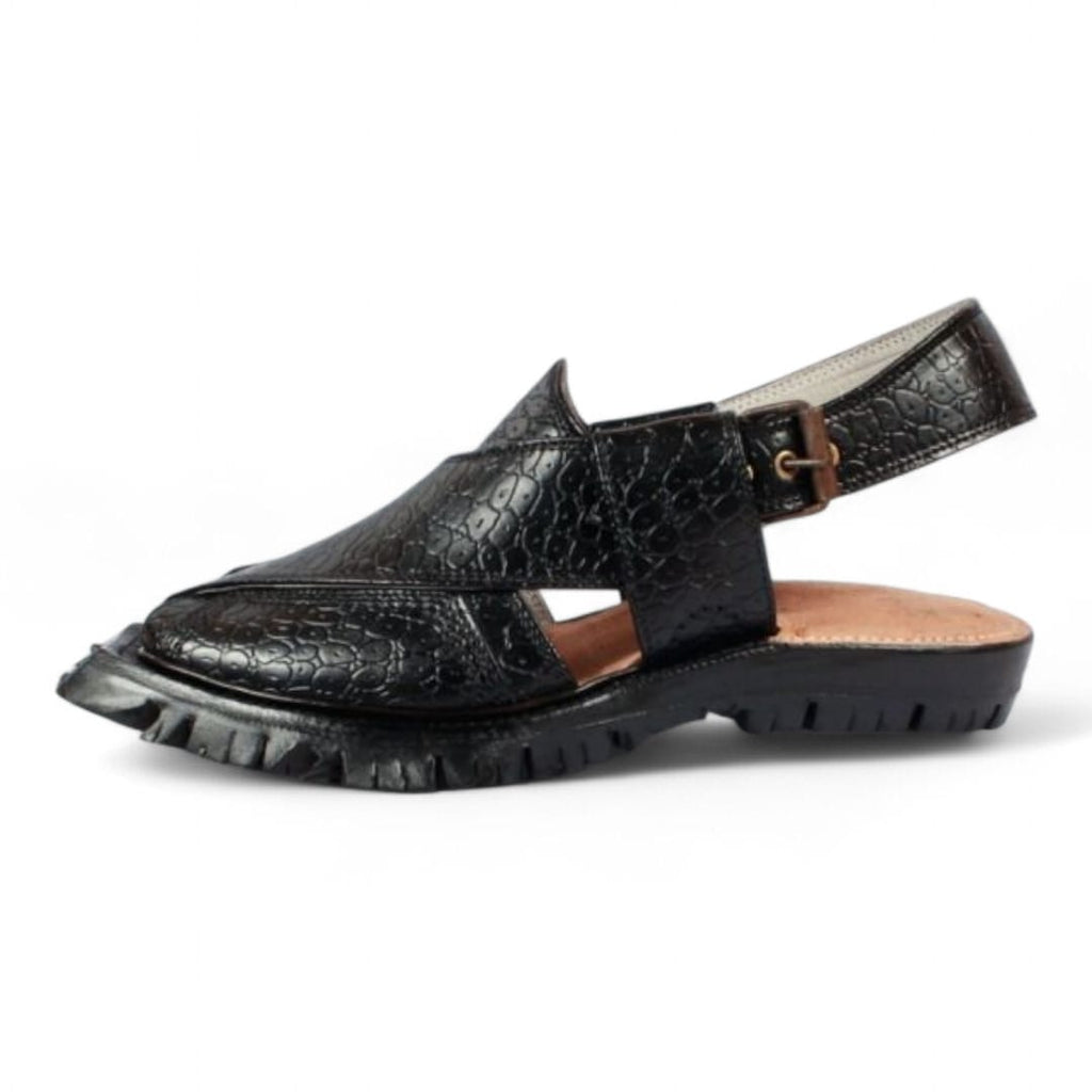 Black Printed Leather Quetta Norozi Shikari Chappal 