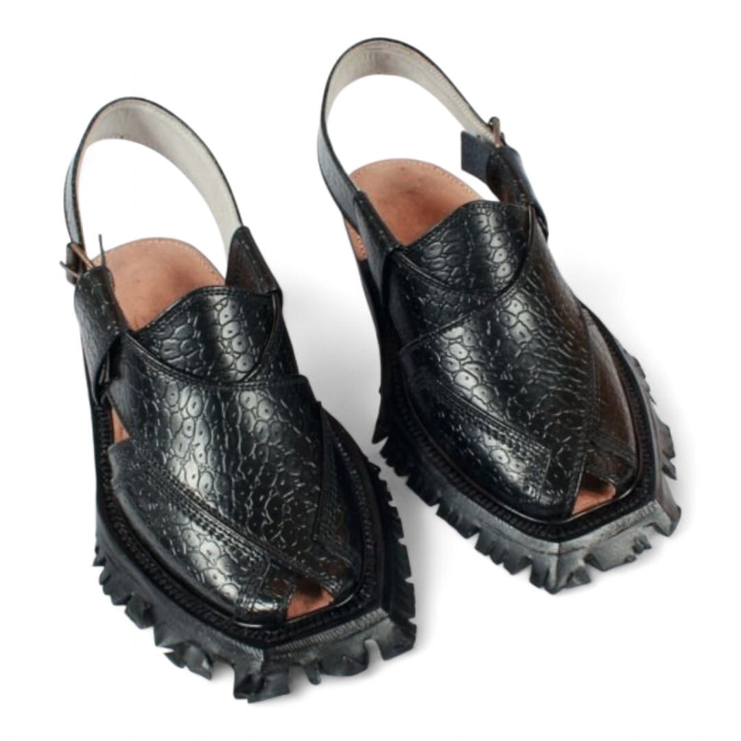 Black Printed Leather Quetta Norozi Shikari Chappal 