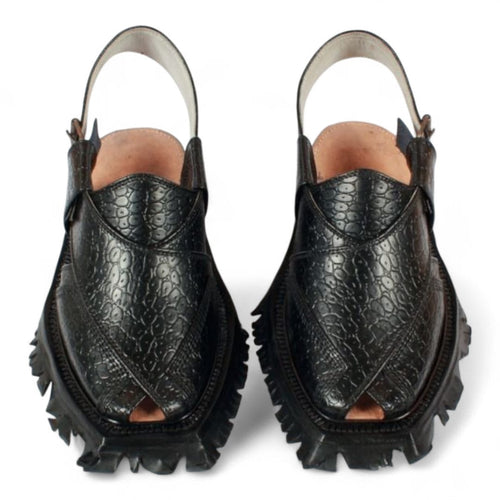 Black Printed Leather Quetta Norozi Shikari Chappal 