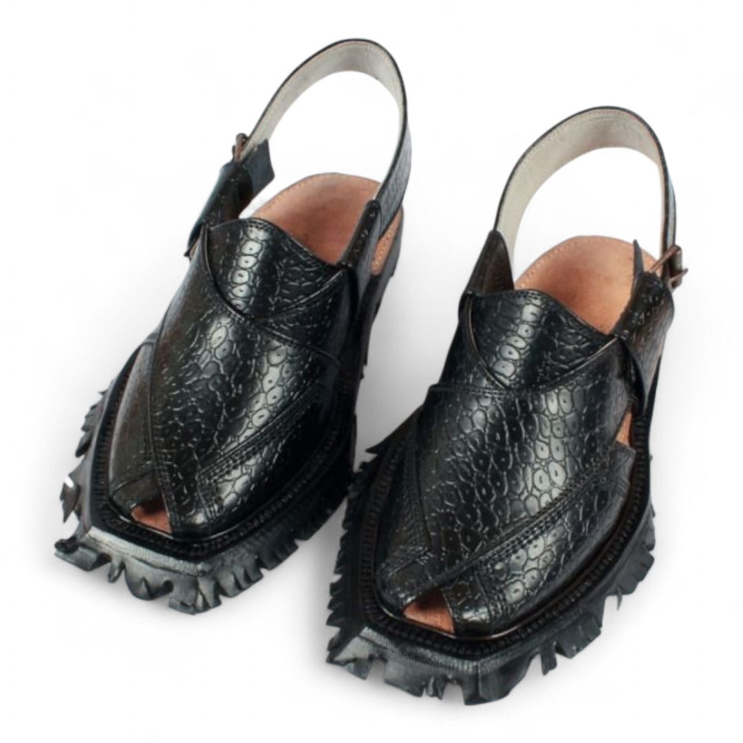 Black Printed Leather Quetta Norozi Shikari Chappal 