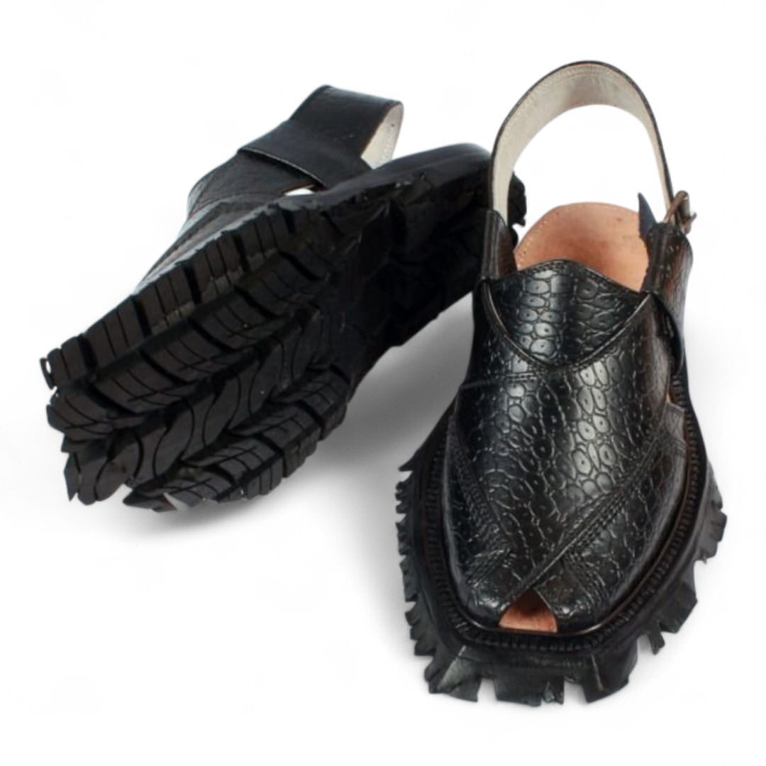 Black Printed Leather Quetta Norozi Shikari Chappal 
