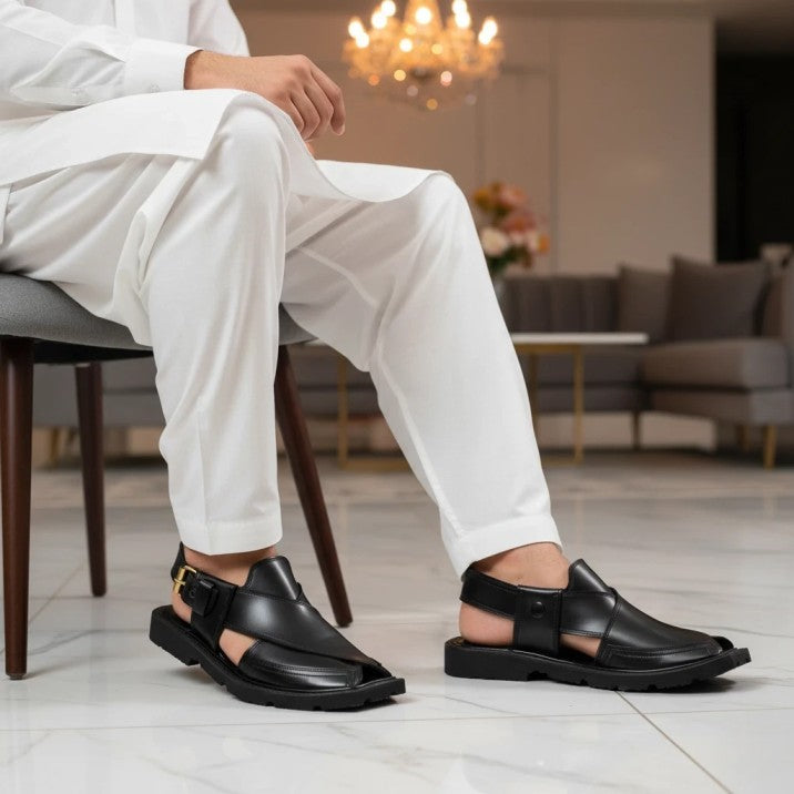 Black Peshawari Chappal with Double Tire Sole – 092144