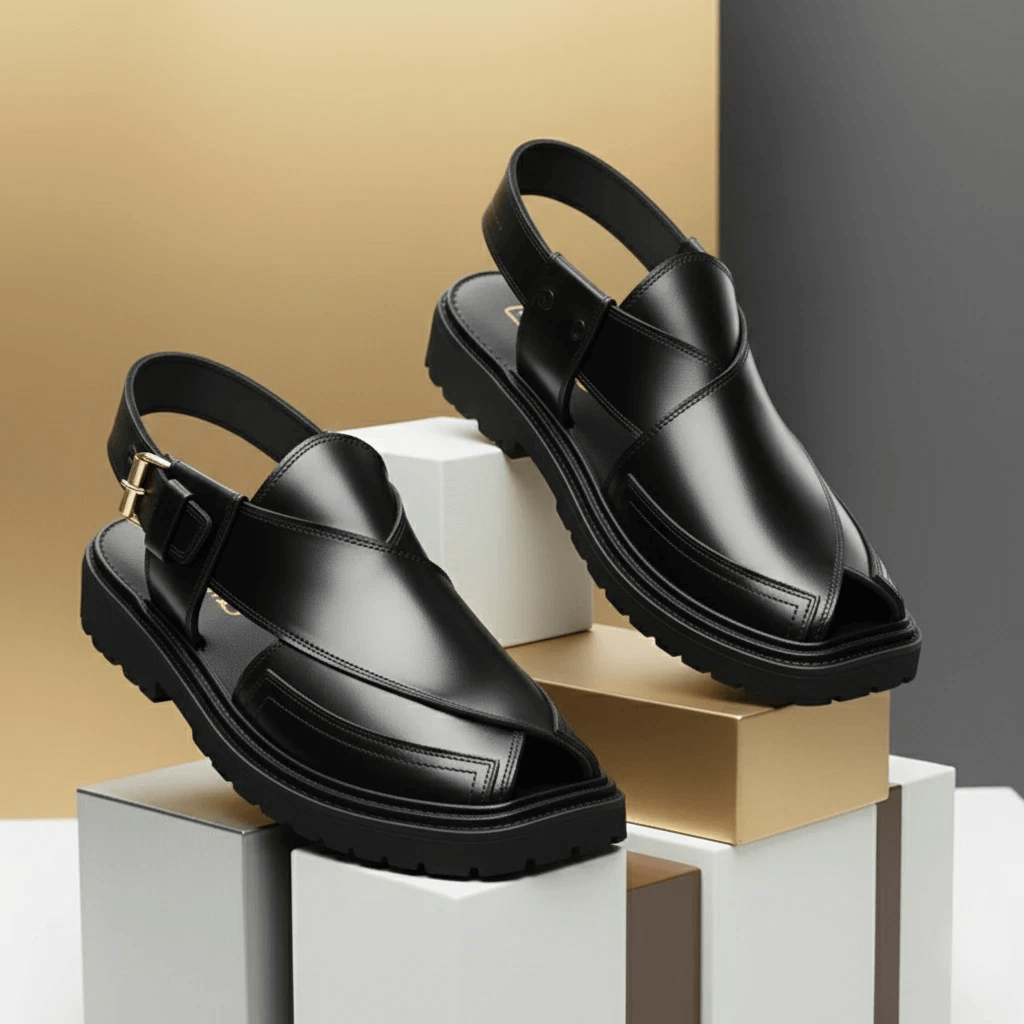 Black Peshawari Chappal with Vibram Sole – 09283