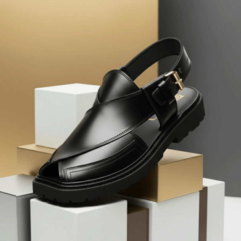 Black Peshawari Chappal with Vibram Sole – 09283