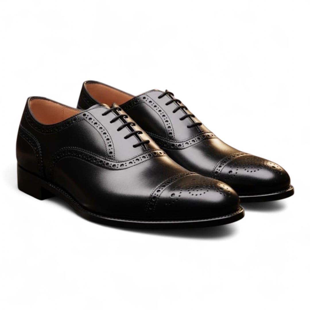 Black Cow Leather Brogue Oxford Shoes with Leather Sole - 092154