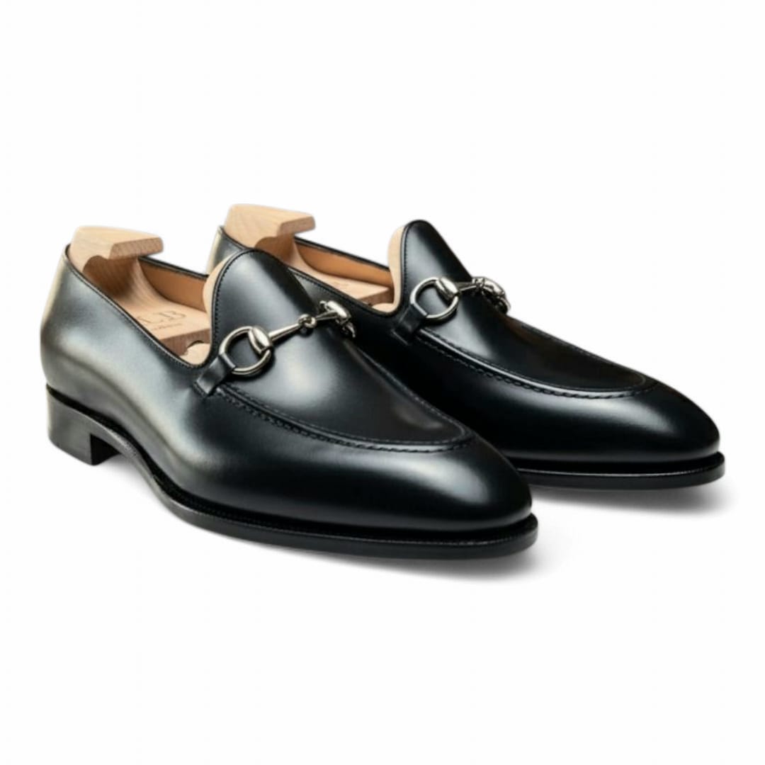 Black Leather Horsebit Loafers with Leather Sole - 092160