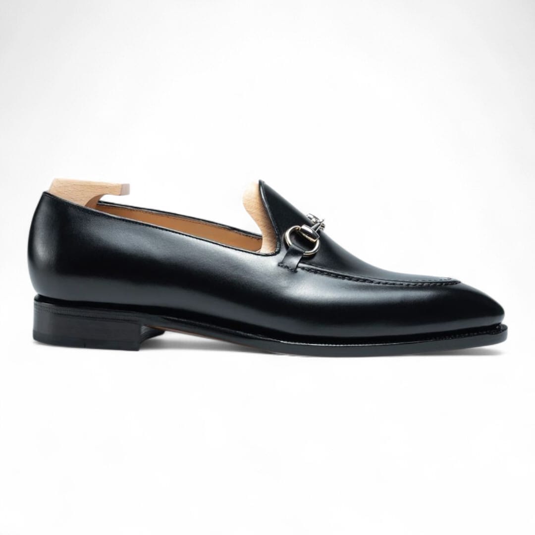 Black Leather Horsebit Loafers with Leather Sole - 092160