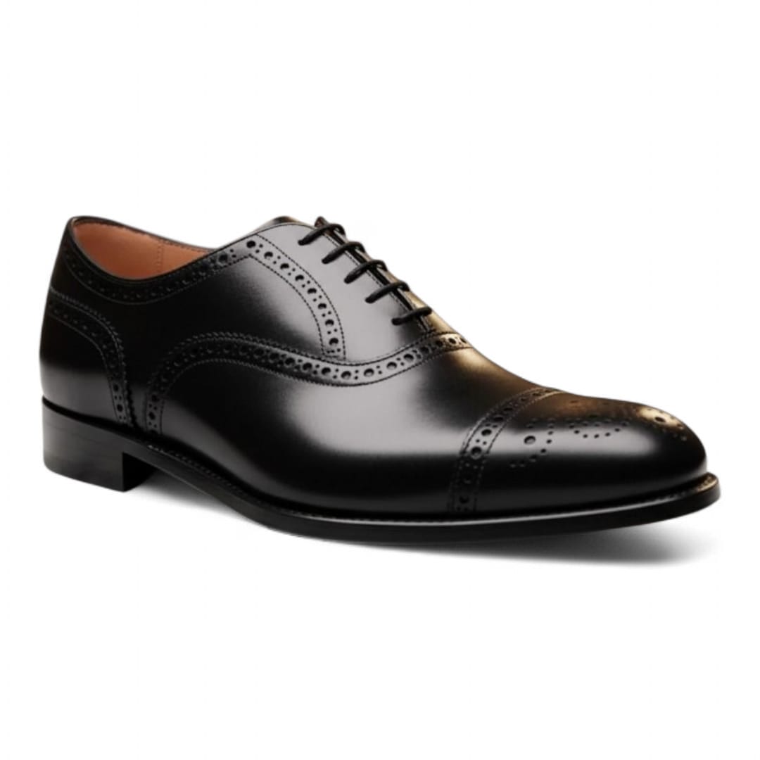 Black Cow Leather Brogue Oxford Shoes with Leather Sole - 092154