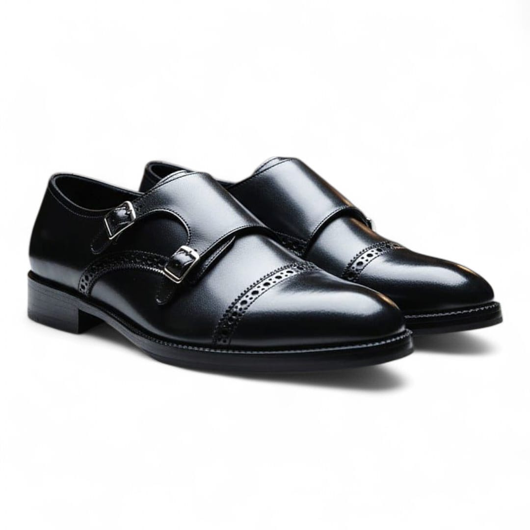 Boston Double Monk Strap Shoes | Black Handmade Leather Elegance - 092111
