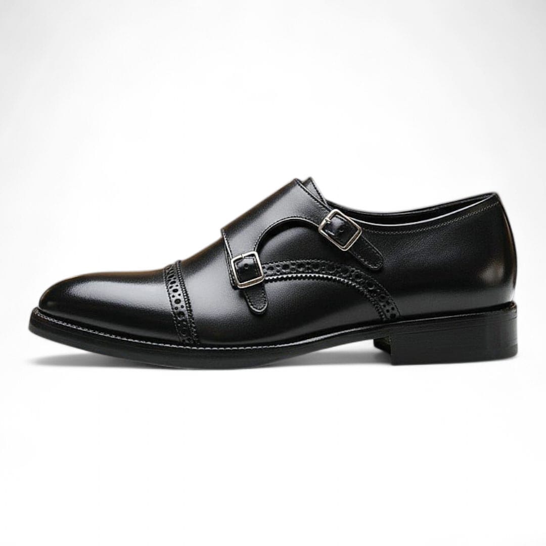 Boston Double Monk Strap Shoes | Black Handmade Leather Elegance - 092111