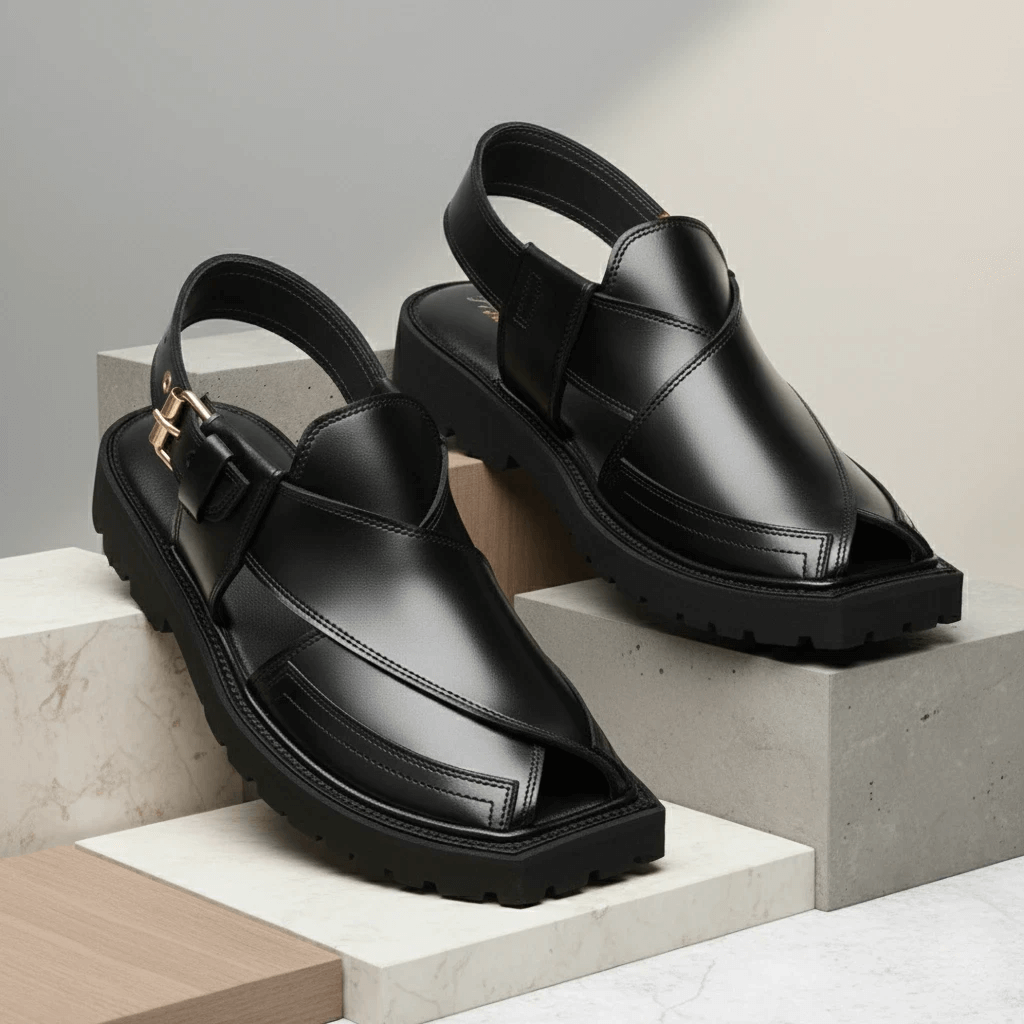 Black Peshawari Chappal with Vibram Sole – 09282