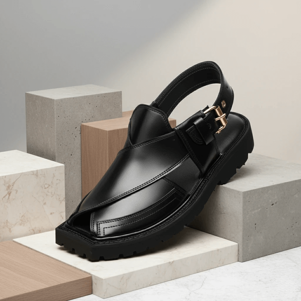 Black Peshawari Chappal with Vibram Sole – 09282