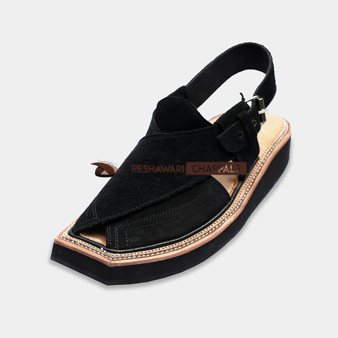 Handmade Black Suede Kaptaan Leather Chappal With Light Weight - 092104