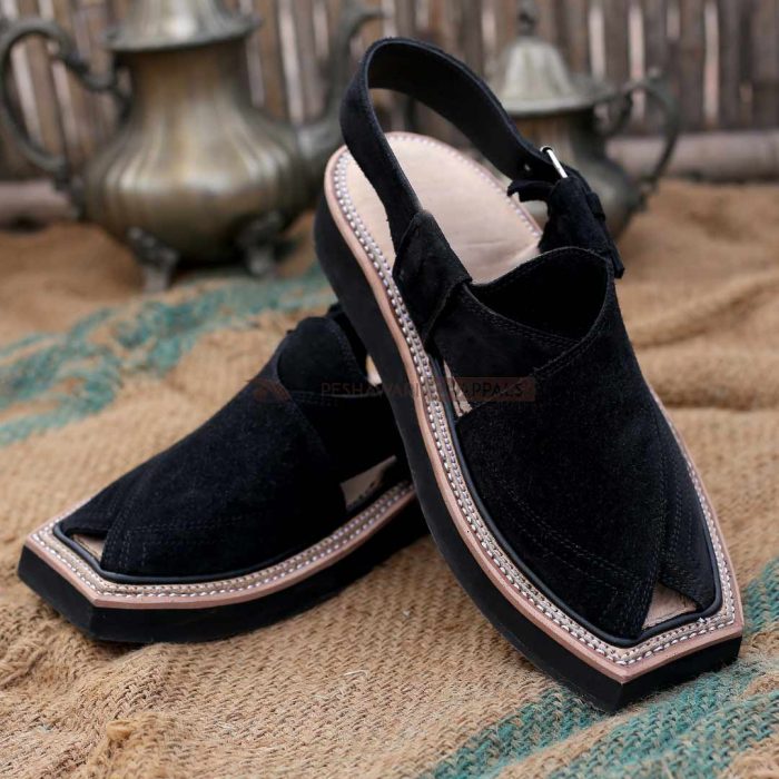 Handmade Black Suede Kaptaan Leather Chappal With Light Weight - 092104
