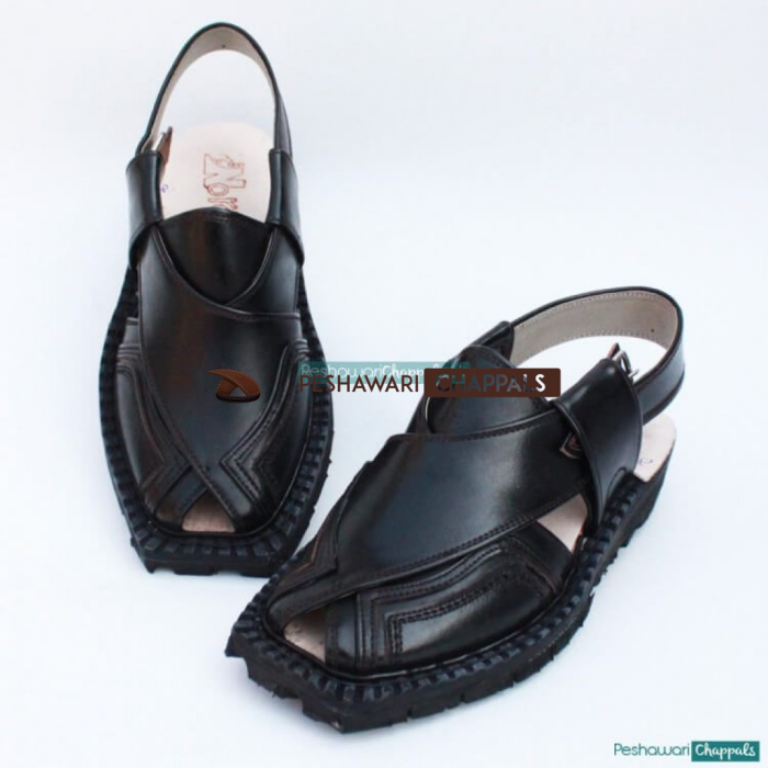 Hand Stitched Quetta Double Sole Black Norozi Chappal - 092189