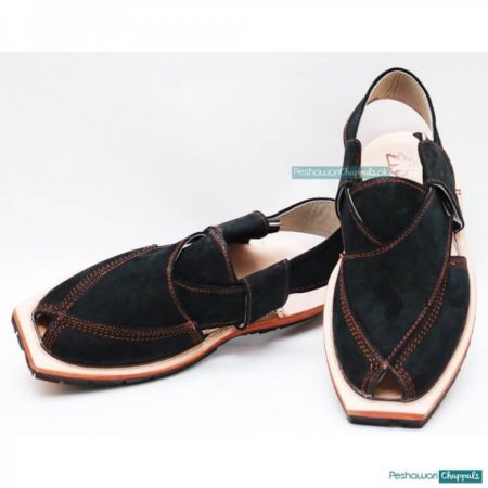 Hand Stitched Suede Quetta Black Norozi Chappal with Double Sole