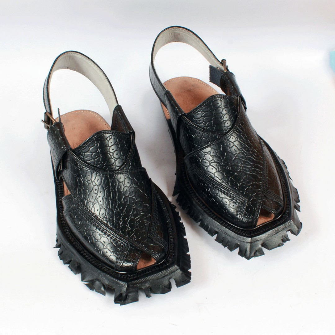Black Printed Leather Quetta Norozi Shikari Chappal - 092275